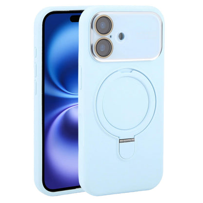 For iPhone 16 Large Window Magnetic Holder Liquid Silicone Phone Case - Blue - EDA009822508I