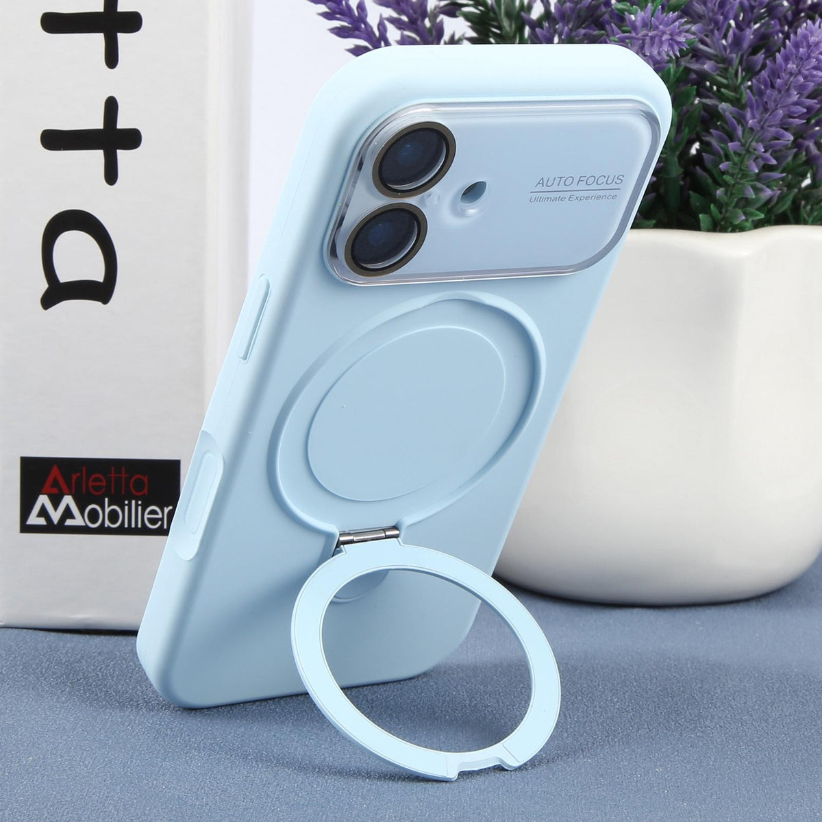 For iPhone 16 Large Window Magnetic Holder Liquid Silicone Phone Case - Blue - EDA009822508I