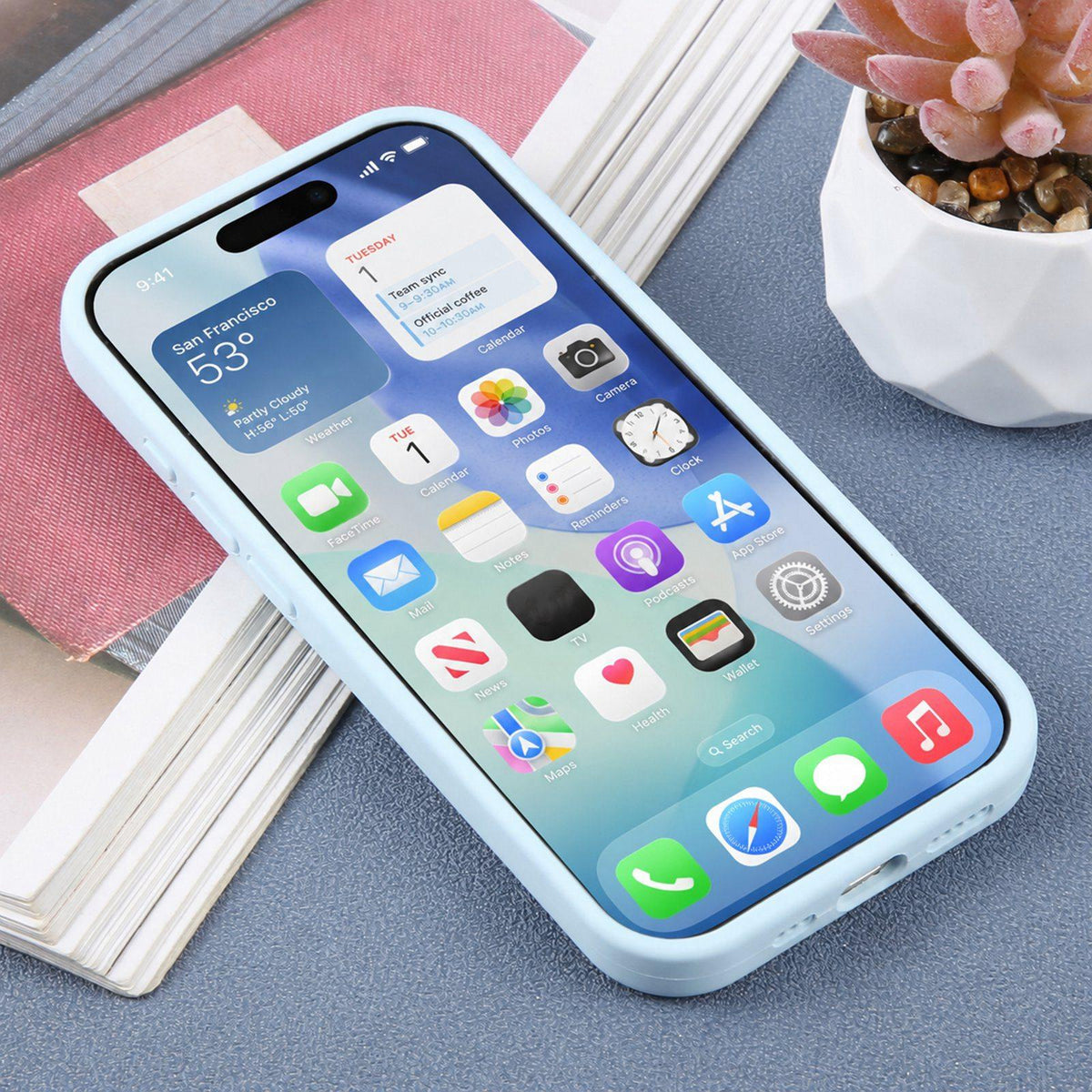 For iPhone 16 Large Window Magnetic Holder Liquid Silicone Phone Case - Blue - EDA009822508I