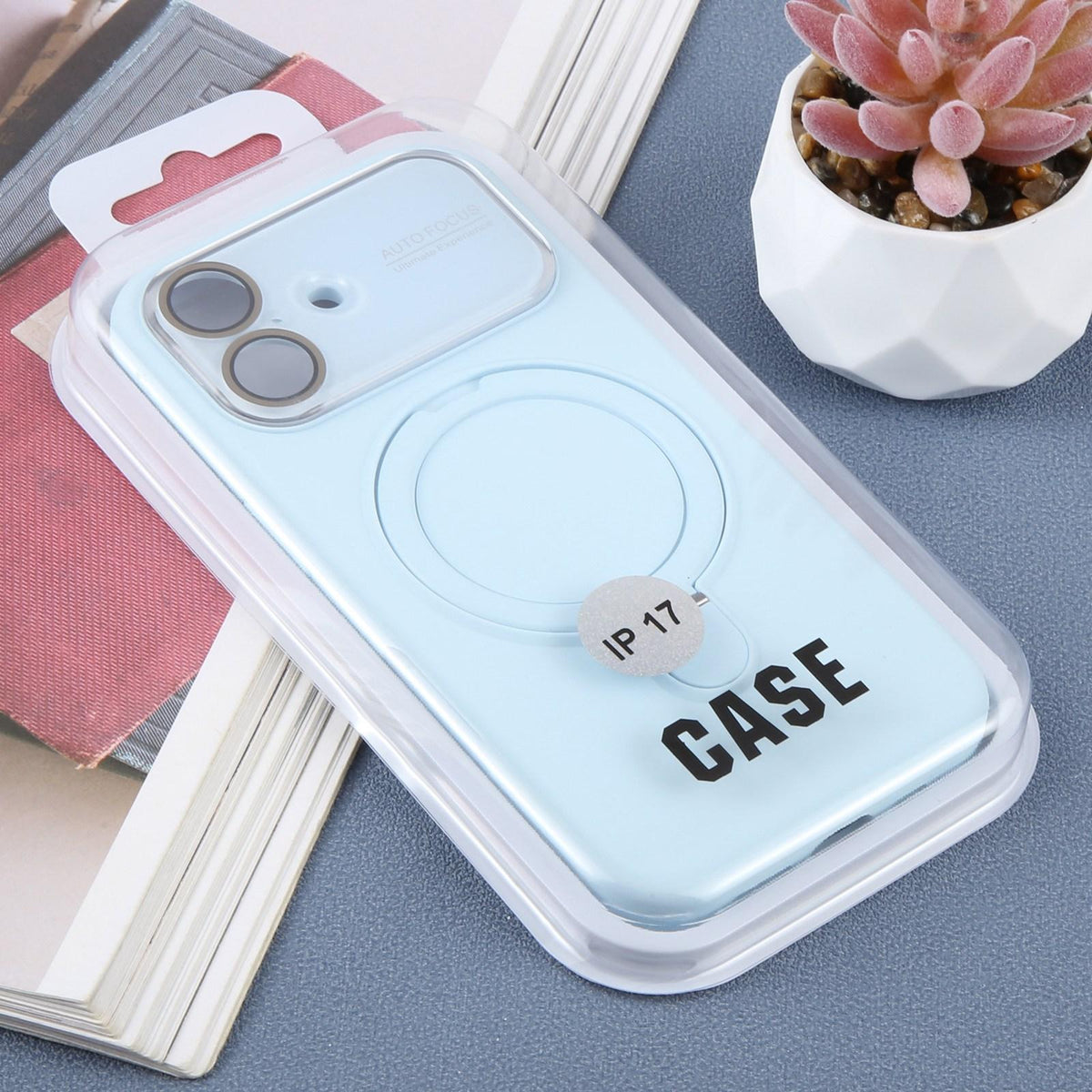 For iPhone 16 Large Window Magnetic Holder Liquid Silicone Phone Case - Blue - EDA009822508I
