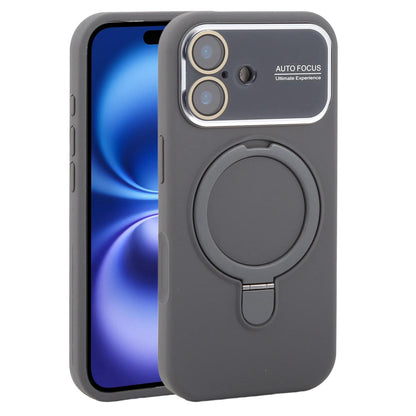For iPhone 16 Large Window Magnetic Holder Liquid Silicone Phone Case - Dark Grey - EDA009822508J