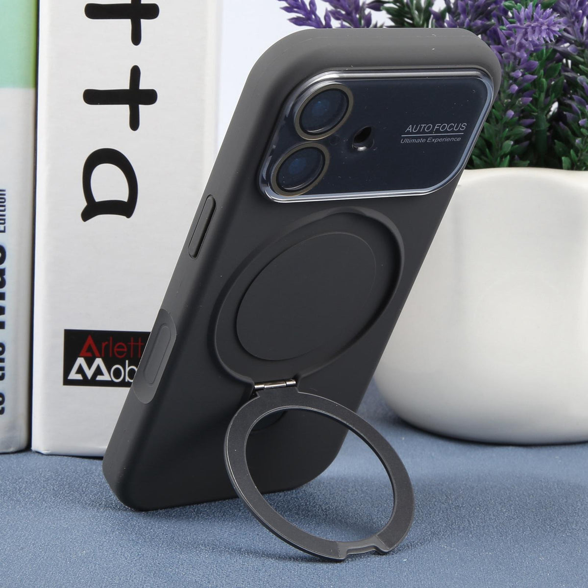 For iPhone 16 Large Window Magnetic Holder Liquid Silicone Phone Case - Dark Grey - EDA009822508J