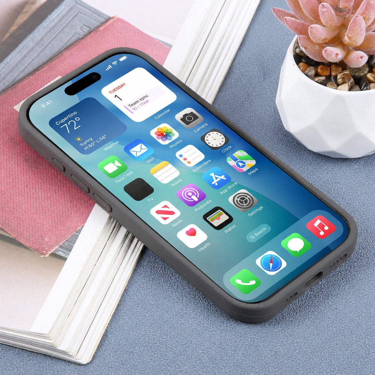 For iPhone 16 Large Window Magnetic Holder Liquid Silicone Phone Case - Dark Grey - EDA009822508J
