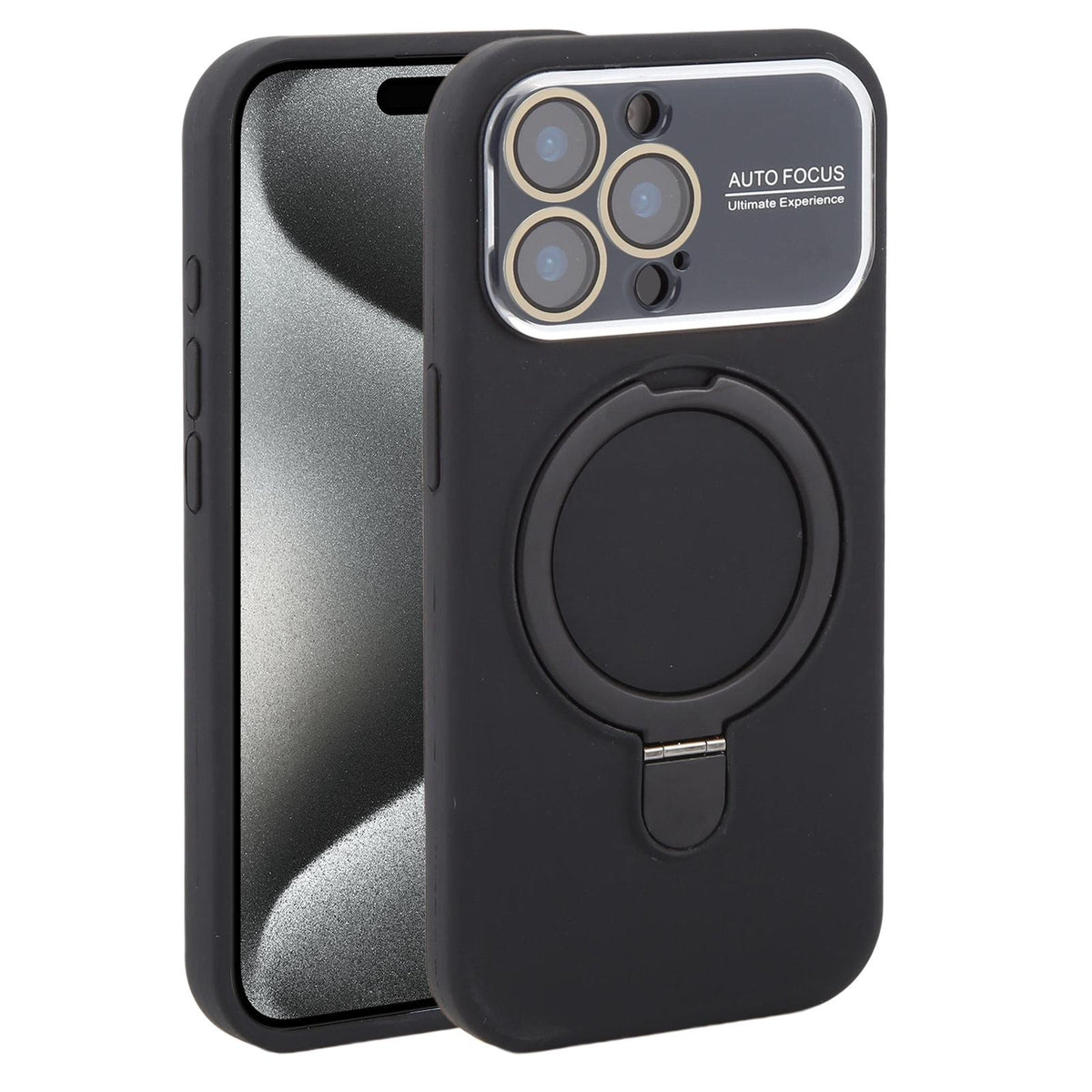 For iPhone 15 Pro Max Large Window Magnetic Holder Liquid Silicone Phone Case - Black - EDA009822509A