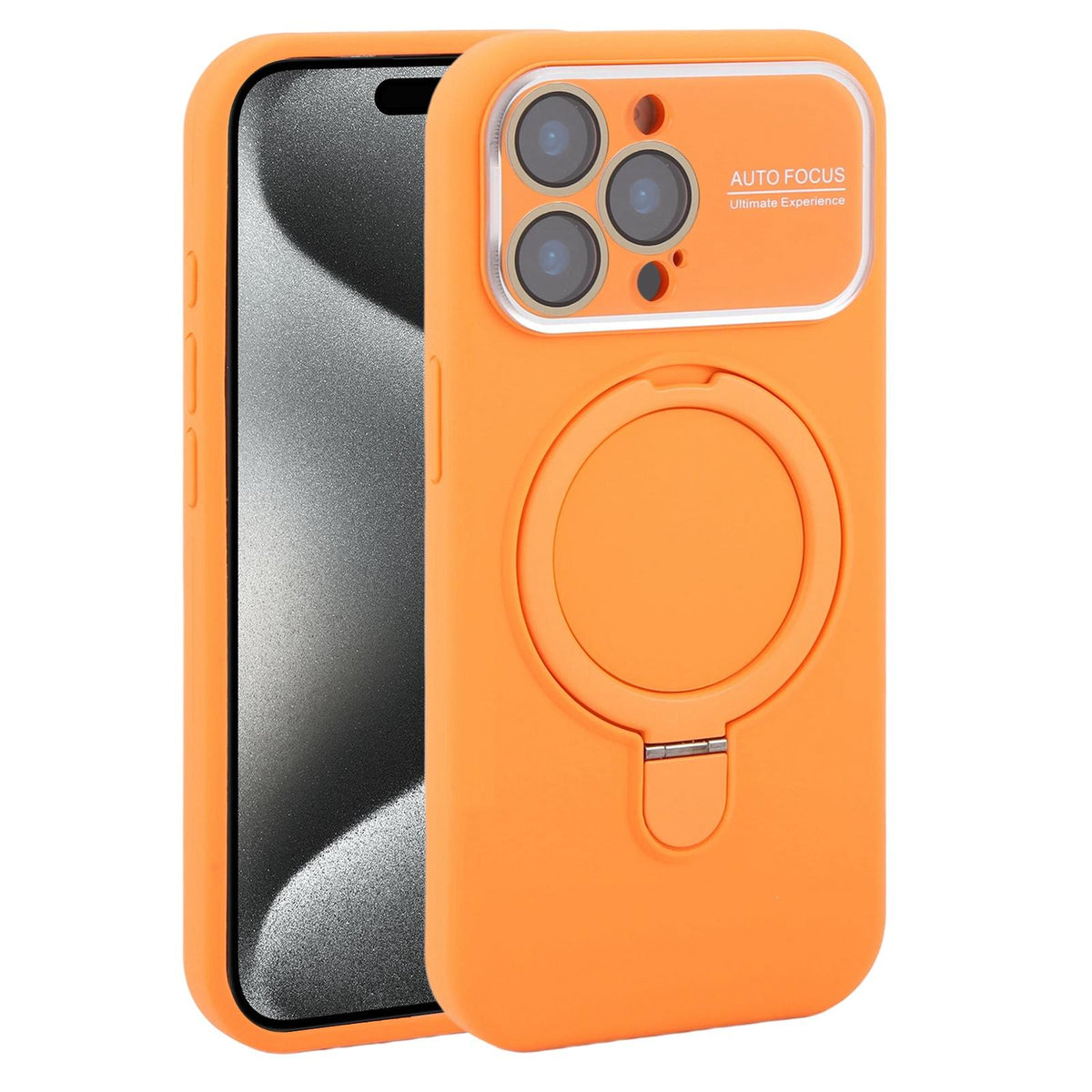 For iPhone 15 Pro Max Large Window Magnetic Holder Liquid Silicone Phone Case - Orange - EDA009822509B