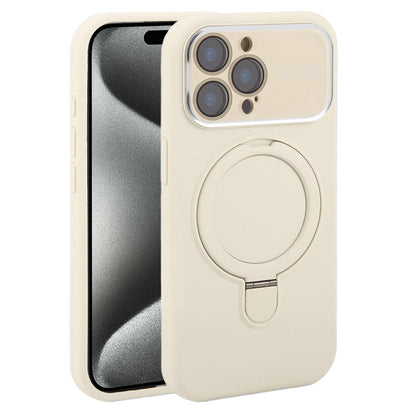 For iPhone 15 Pro Max Large Window Magnetic Holder Liquid Silicone Phone Case - White - EDA009822509C