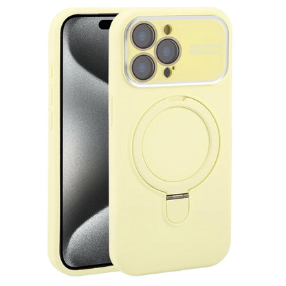 For iPhone 15 Pro Max Large Window Magnetic Holder Liquid Silicone Phone Case - Yellow - EDA009822509D