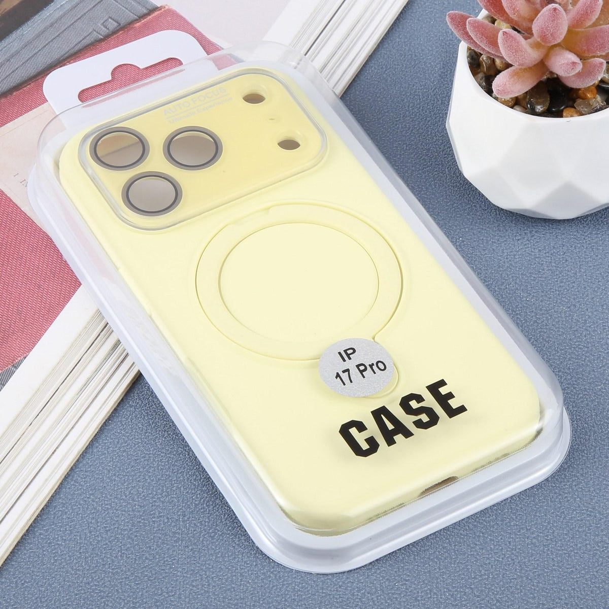 For iPhone 15 Pro Max Large Window Magnetic Holder Liquid Silicone Phone Case - Yellow - EDA009822509D