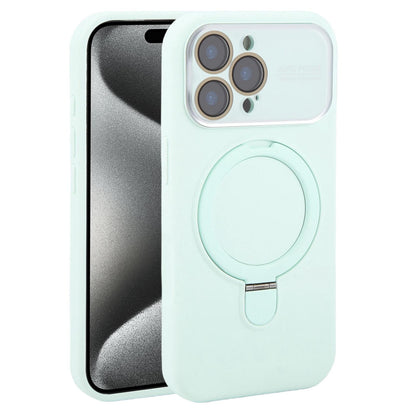 For iPhone 15 Pro Max Large Window Magnetic Holder Liquid Silicone Phone Case - Mint Green - EDA009822509E