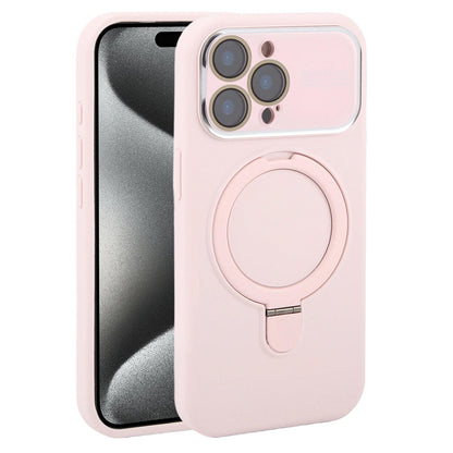 For iPhone 15 Pro Max Large Window Magnetic Holder Liquid Silicone Phone Case - Pink - EDA009822509F