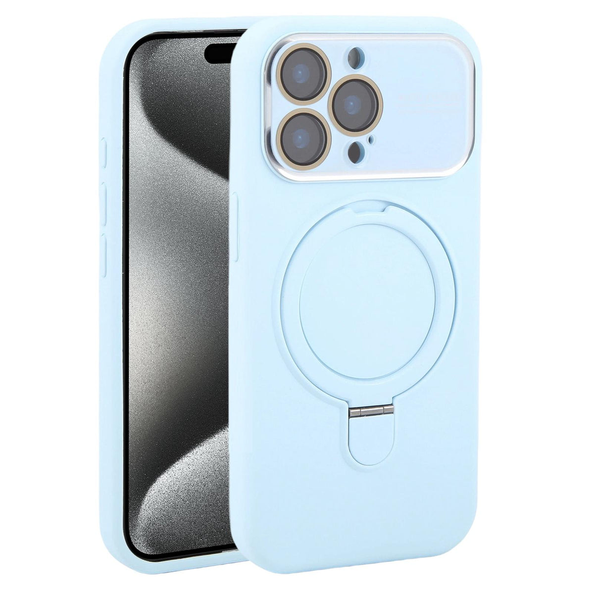 For iPhone 15 Pro Max Large Window Magnetic Holder Liquid Silicone Phone Case - Blue - EDA009822509I