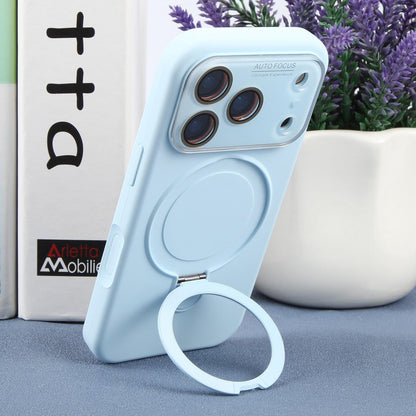 For iPhone 15 Pro Max Large Window Magnetic Holder Liquid Silicone Phone Case - Blue - EDA009822509I