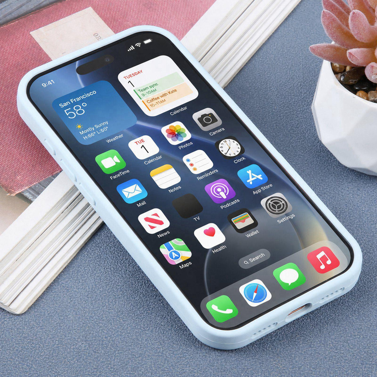 For iPhone 15 Pro Max Large Window Magnetic Holder Liquid Silicone Phone Case - Blue - EDA009822509I