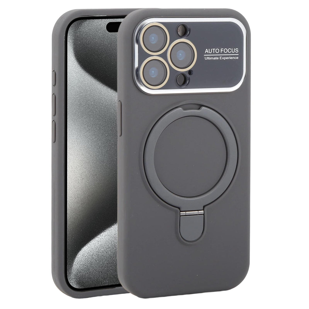 For iPhone 15 Pro Max Large Window Magnetic Holder Liquid Silicone Phone Case - Dark Grey - EDA009822509J