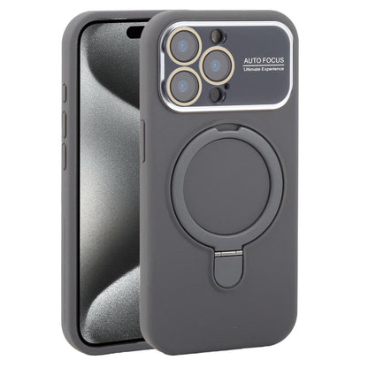For iPhone 15 Pro Max Large Window Magnetic Holder Liquid Silicone Phone Case - Dark Grey - EDA009822509J