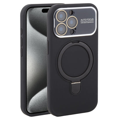For iPhone 15 Pro Large Window Magnetic Holder Liquid Silicone Phone Case - Black - EDA009822510A