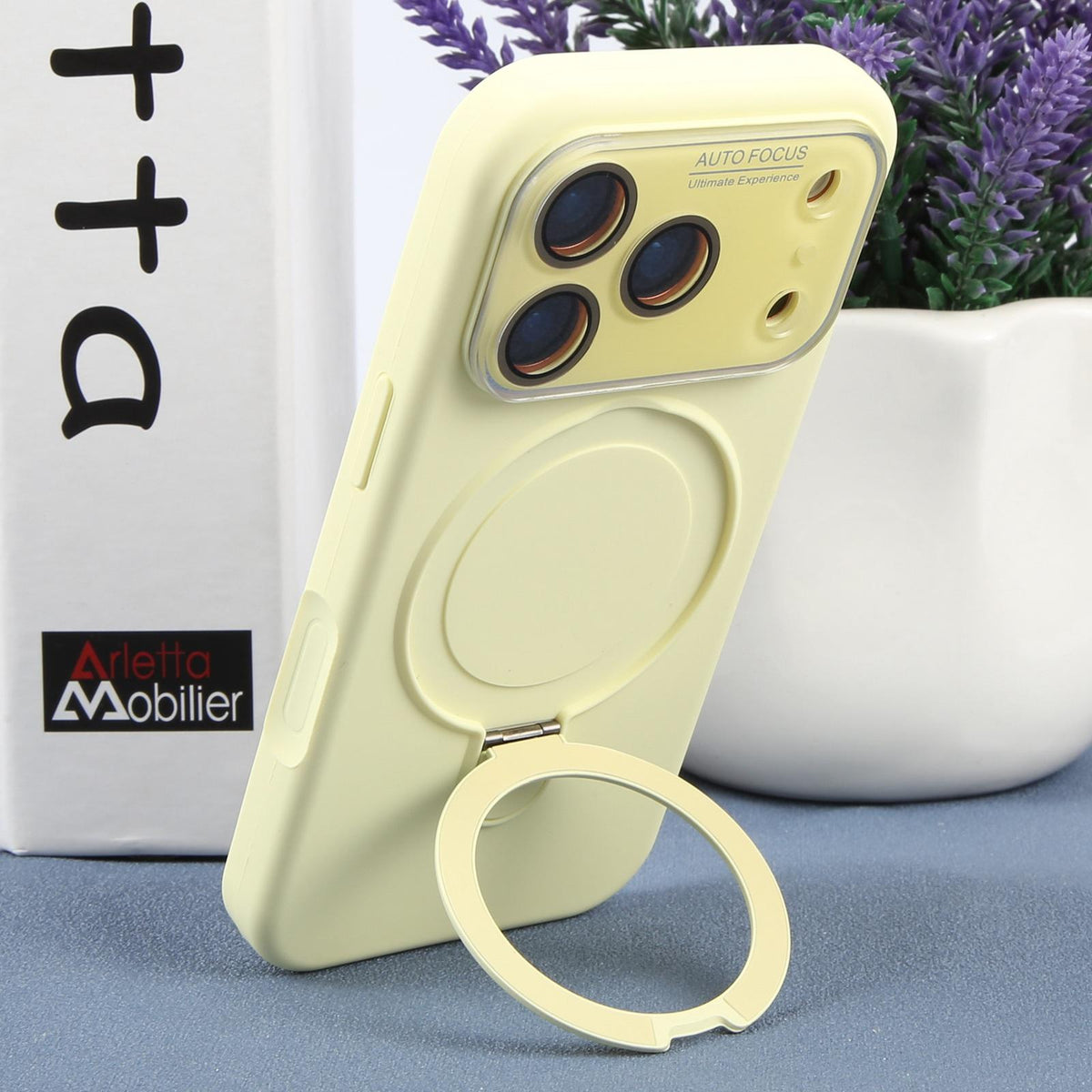 For iPhone 15 Pro Large Window Magnetic Holder Liquid Silicone Phone Case - Yellow - EDA009822510D