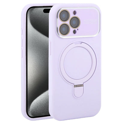 For iPhone 15 Pro Large Window Magnetic Holder Liquid Silicone Phone Case - Purple - EDA009822510H