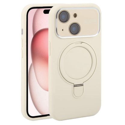 For iPhone 15 Plus Large Window Magnetic Holder Liquid Silicone Phone Case - White - EDA009822511C