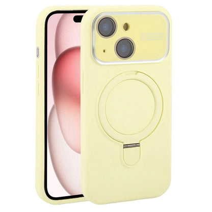 For iPhone 15 Plus Large Window Magnetic Holder Liquid Silicone Phone Case - Yellow - EDA009822511D