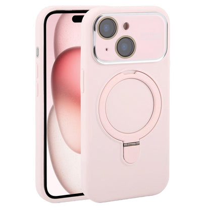 For iPhone 15 Plus Large Window Magnetic Holder Liquid Silicone Phone Case - Pink - EDA009822511F