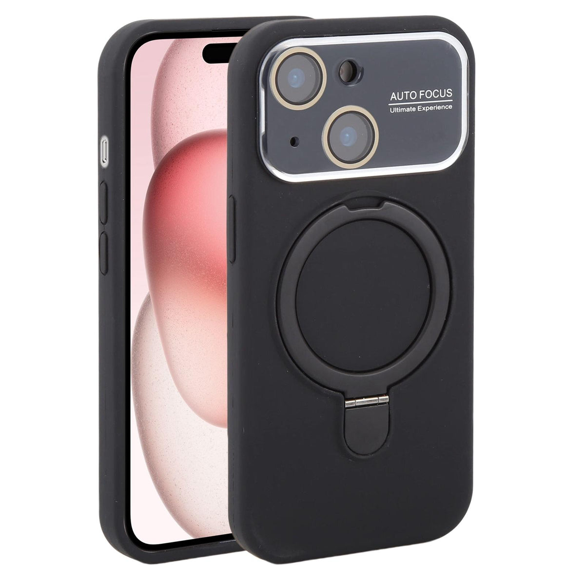 For iPhone 15 Large Window Magnetic Holder Liquid Silicone Phone Case - Black - EDA009822512A