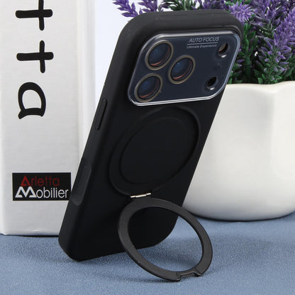 For iPhone 15 Large Window Magnetic Holder Liquid Silicone Phone Case - Black - EDA009822512A