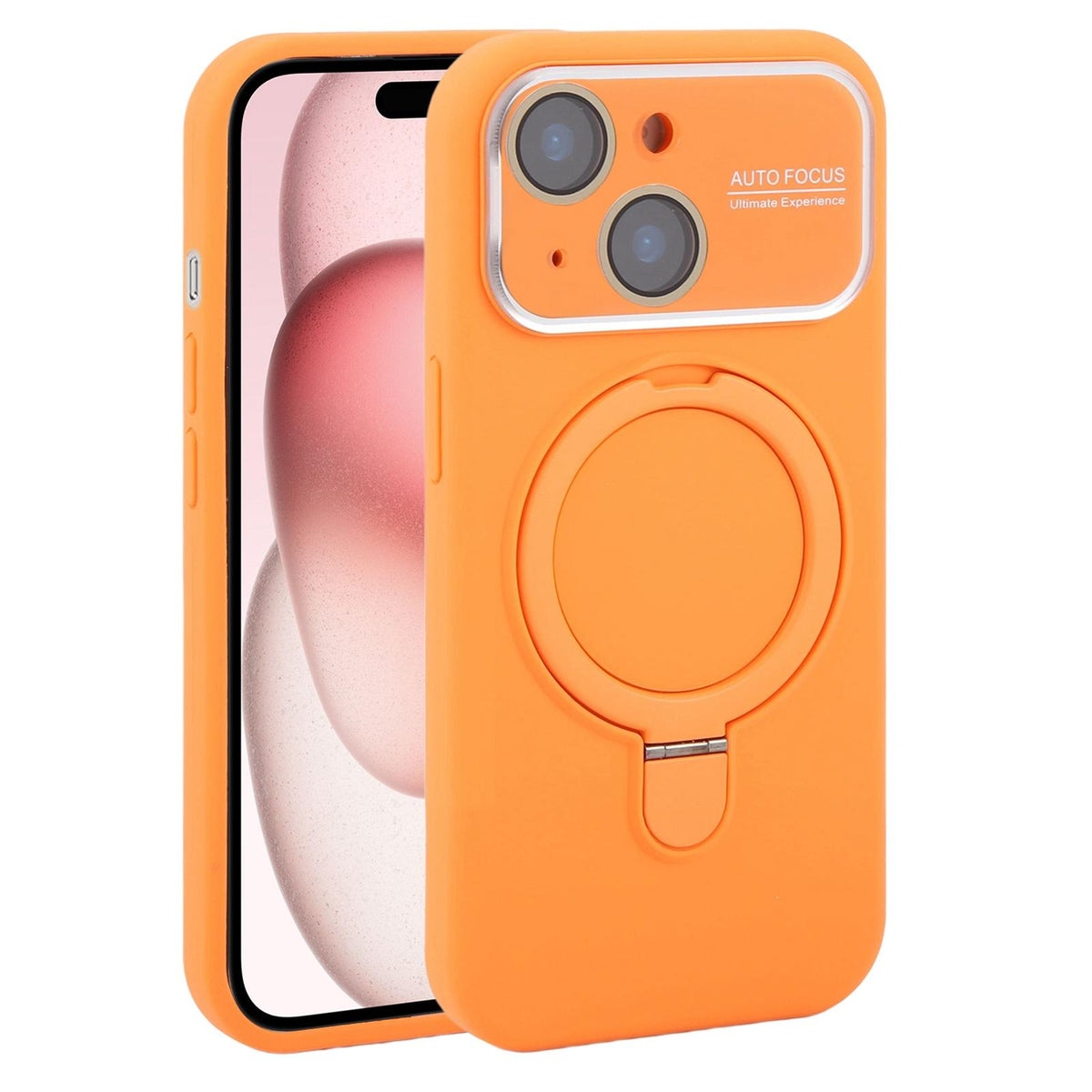 For iPhone 15 Large Window Magnetic Holder Liquid Silicone Phone Case - Orange - EDA009822512B