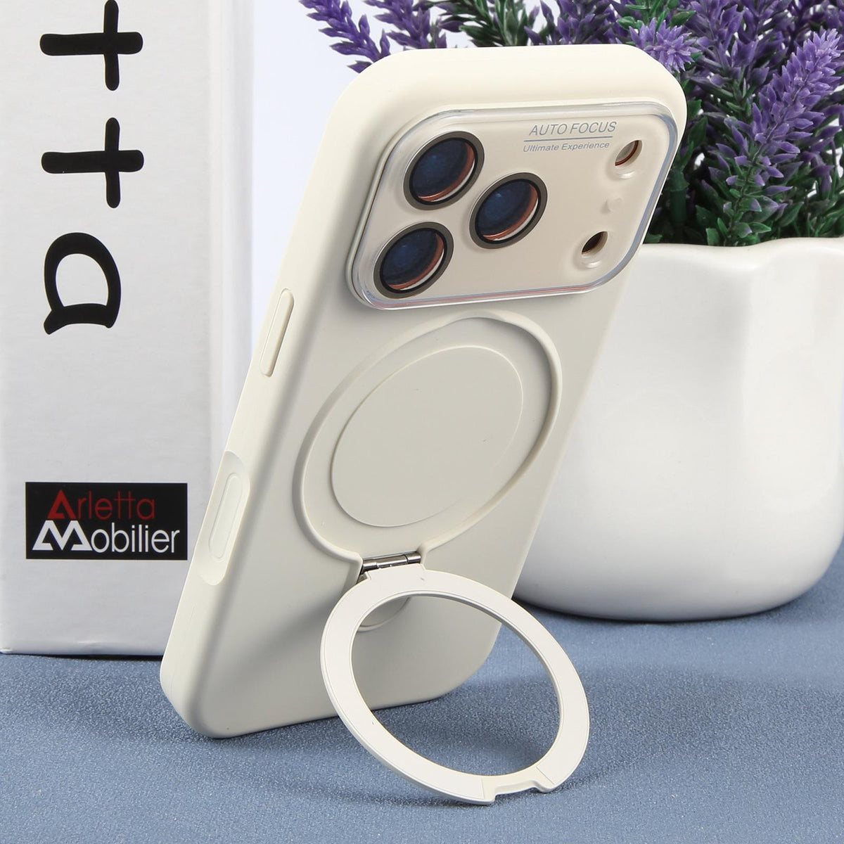 For iPhone 15 Large Window Magnetic Holder Liquid Silicone Phone Case - White - EDA009822512C
