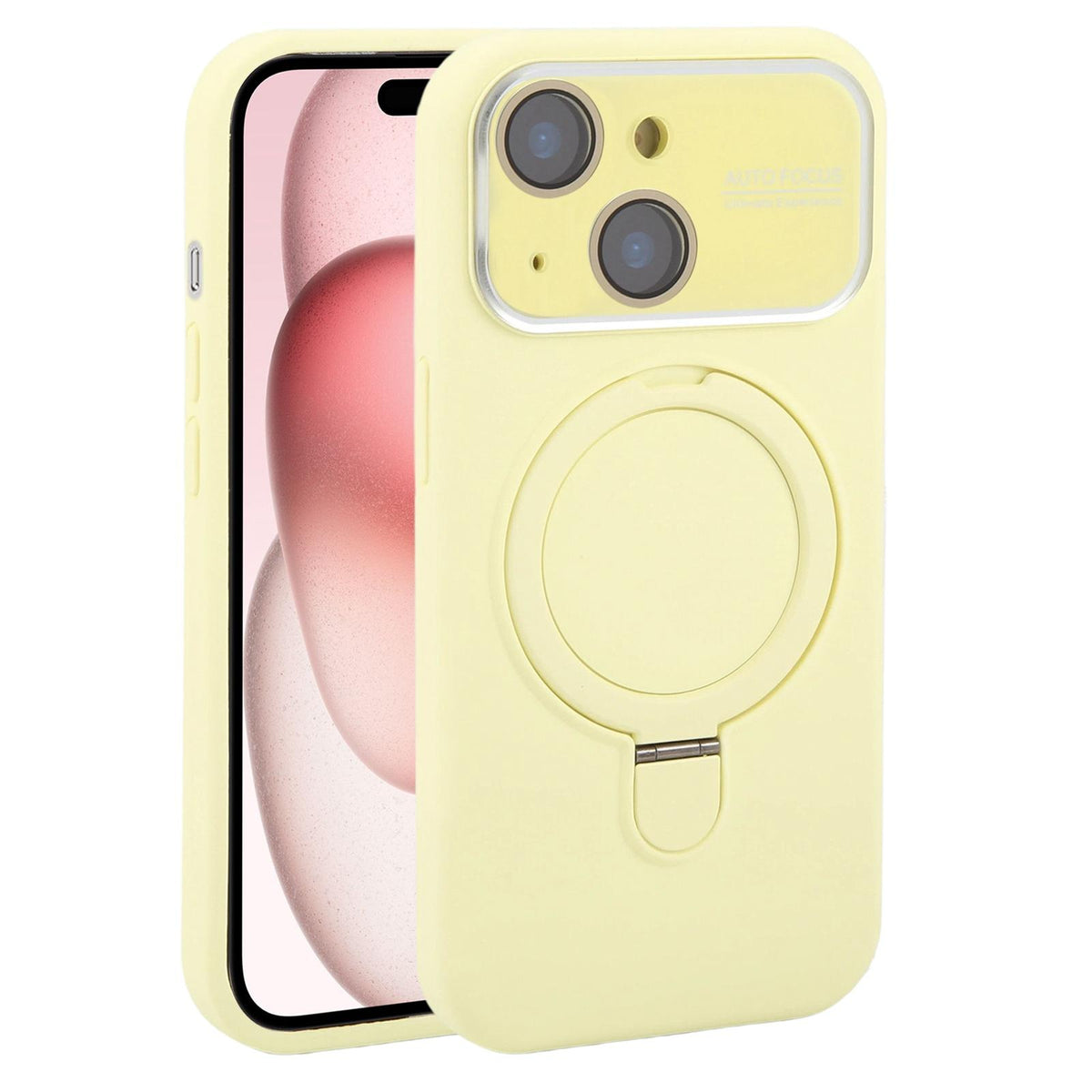 For iPhone 15 Large Window Magnetic Holder Liquid Silicone Phone Case - Yellow - EDA009822512D