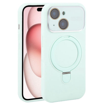 For iPhone 15 Large Window Magnetic Holder Liquid Silicone Phone Case - Mint Green - EDA009822512E