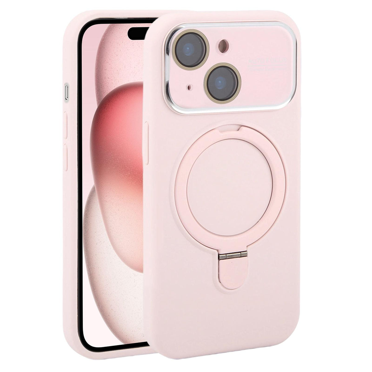 For iPhone 15 Large Window Magnetic Holder Liquid Silicone Phone Case - Pink - EDA009822512F