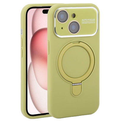 For iPhone 15 Large Window Magnetic Holder Liquid Silicone Phone Case - Green - EDA009822512G
