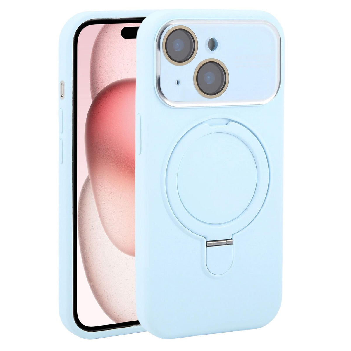 For iPhone 15 Large Window Magnetic Holder Liquid Silicone Phone Case - Blue - EDA009822512I