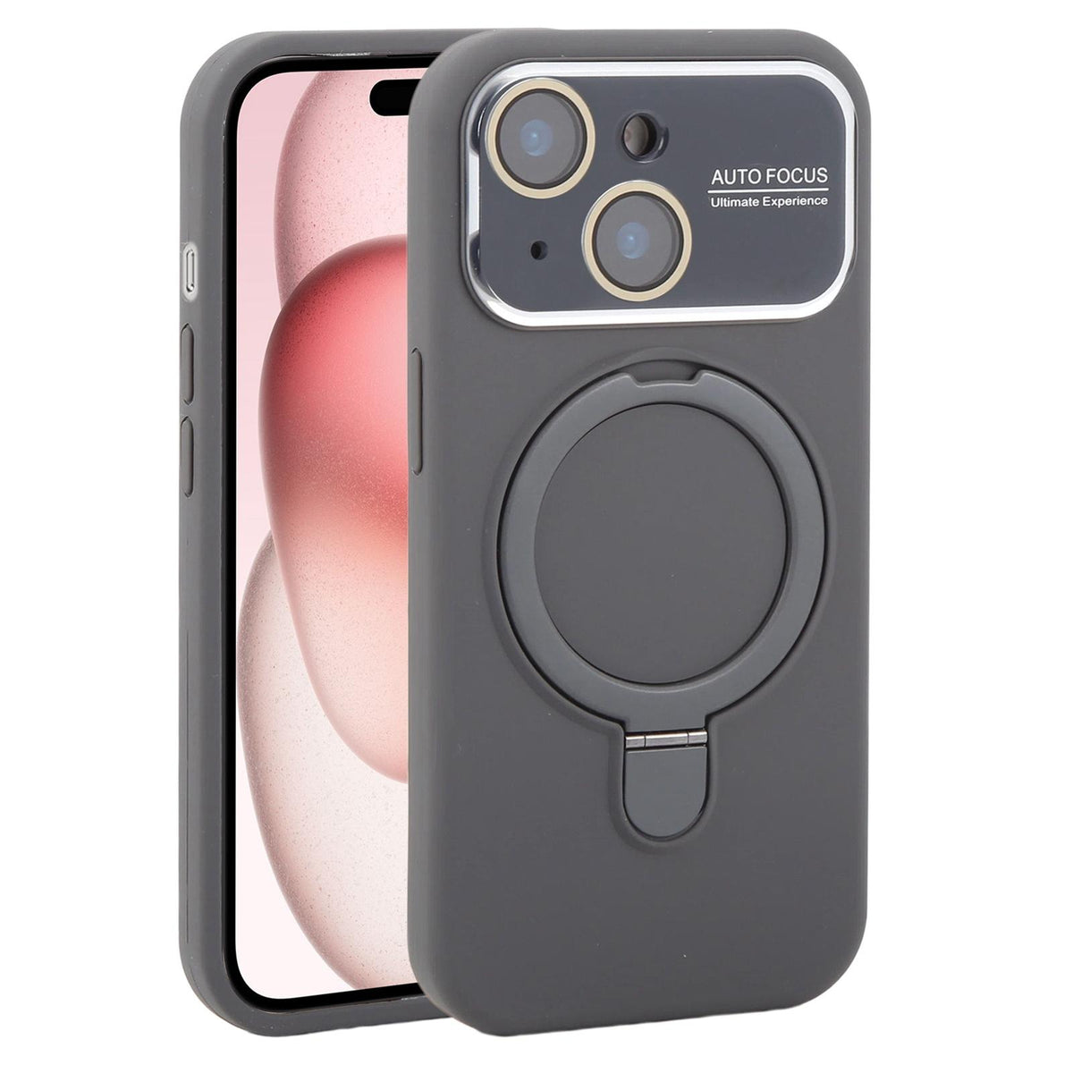 For iPhone 15 Large Window Magnetic Holder Liquid Silicone Phone Case - Dark Grey - EDA009822512J
