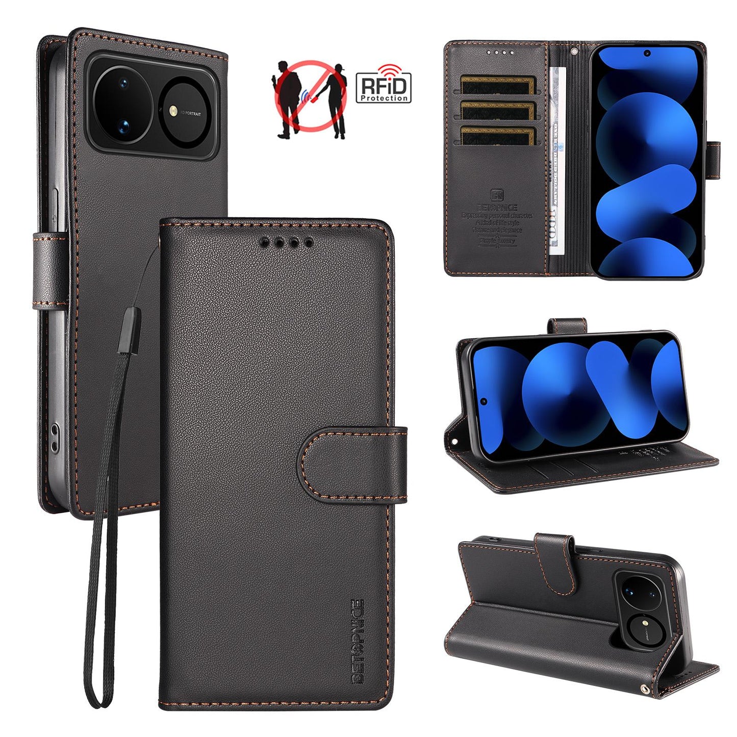 For Huawei nova 16 BETOPNICE Pearlescent RFID Vegan Leather Phone Case with Strap(Black)