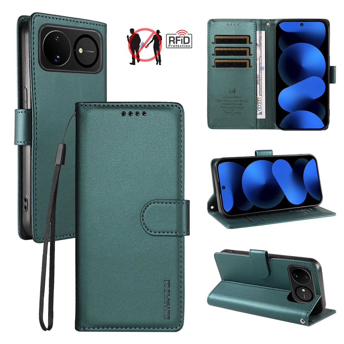 For Huawei nova 16 BETOPNICE Pearlescent RFID Vegan Leather Phone Case with Strap(Green)