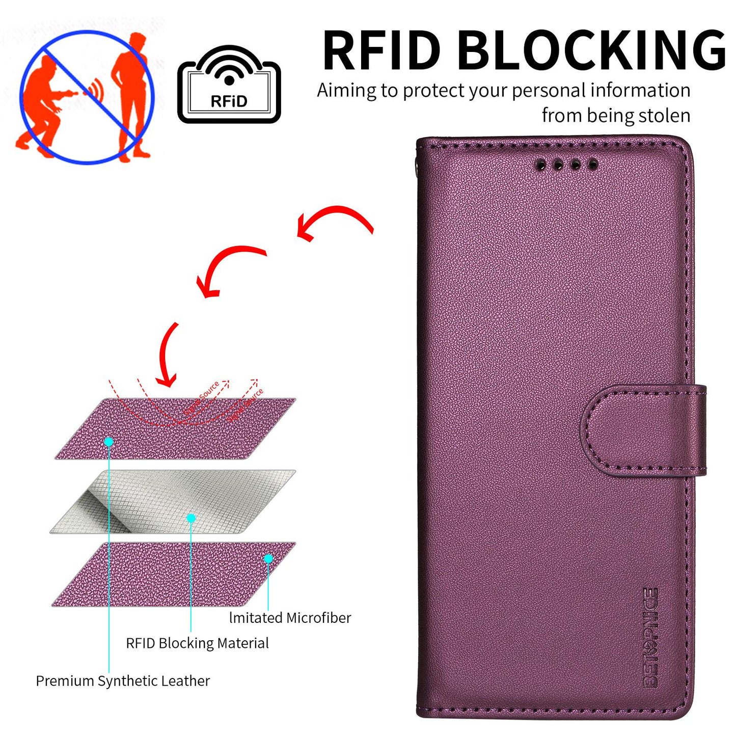 For Huawei nova 16 BETOPNICE Pearlescent RFID Vegan Leather Phone Case with Strap(Purple)