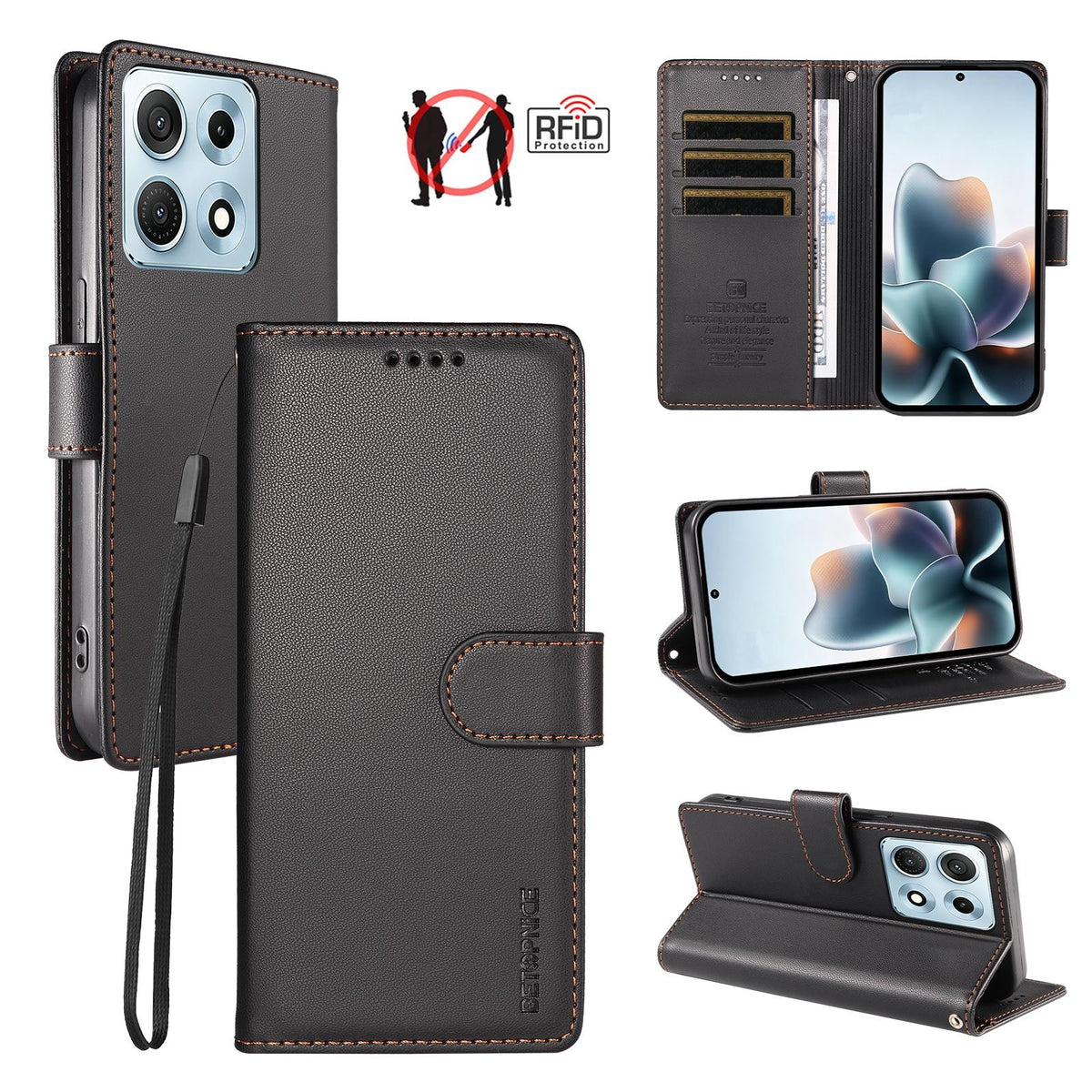 For Motorola Edge 70 Max 5G BETOPNICE Pearlescent RFID Vegan Leather Phone Case with Strap - Black - EDA009824423A