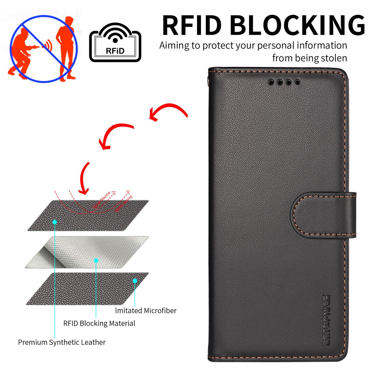 For Motorola Edge 70 Max 5G BETOPNICE Pearlescent RFID Vegan Leather Phone Case with Strap - Black - EDA009824423A