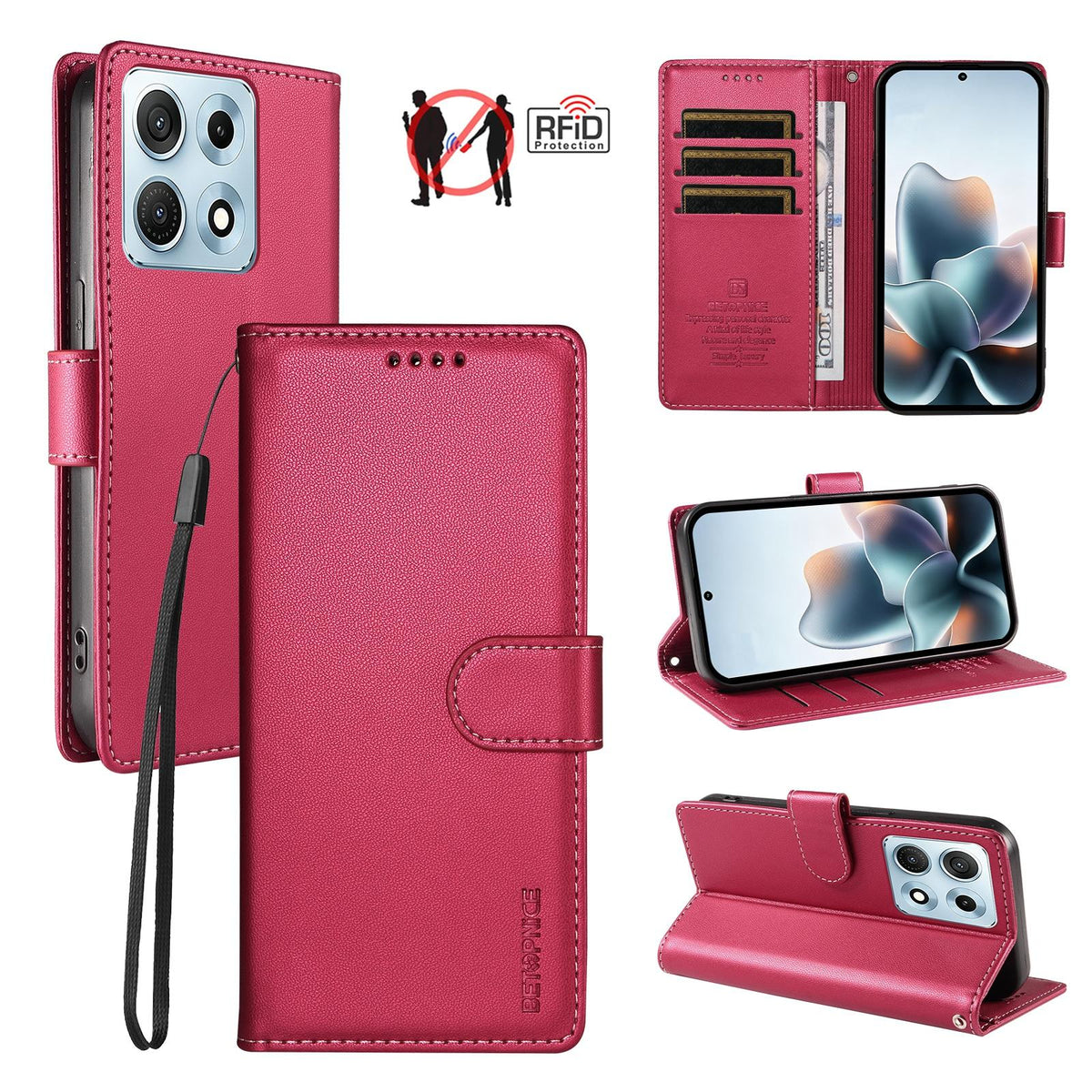 For Motorola Edge 70 Max 5G BETOPNICE Pearlescent RFID Vegan Leather Phone Case with Strap - Red - EDA009824423B