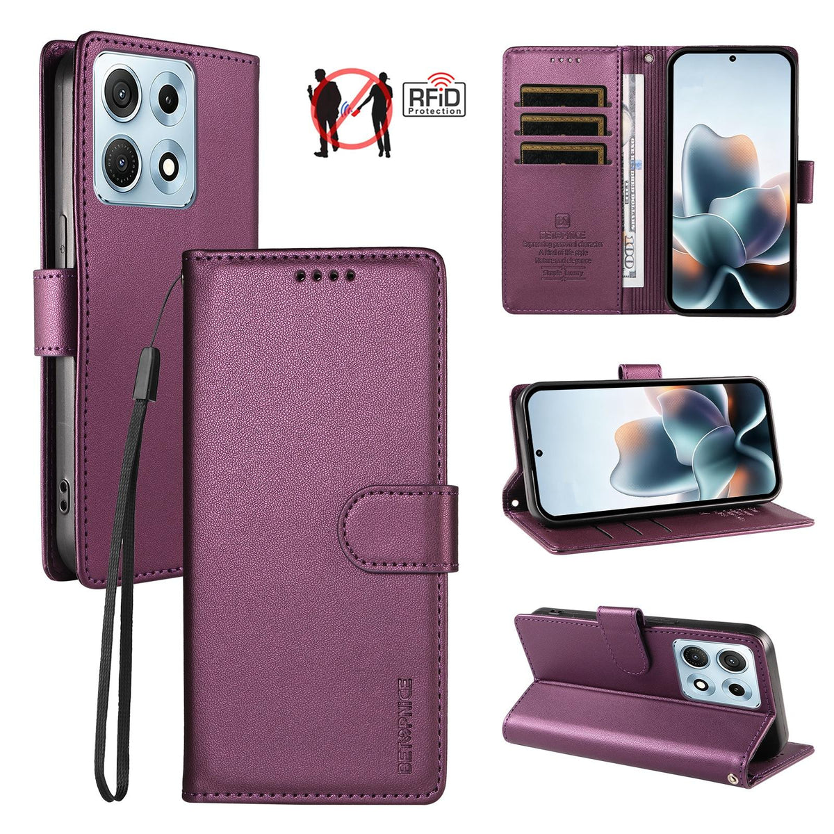 For Motorola Edge 70 Max 5G BETOPNICE Pearlescent RFID Vegan Leather Phone Case with Strap - Purple - EDA009824423E