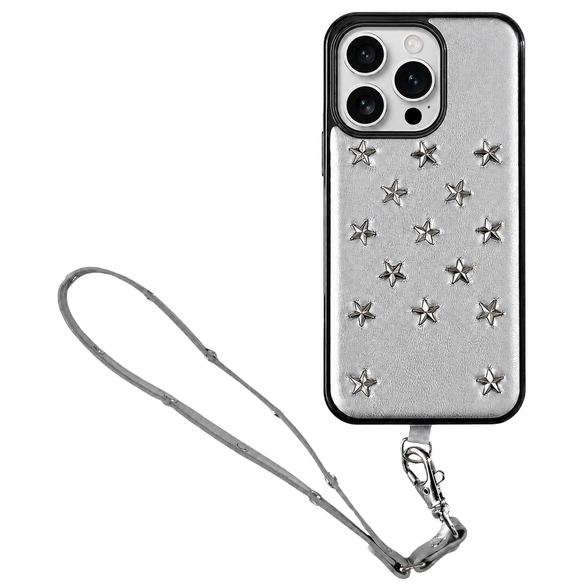 For iPhone 14 Pro Max Rivet Stars Phone Case with Lanyard - Silver - EDA009825701A