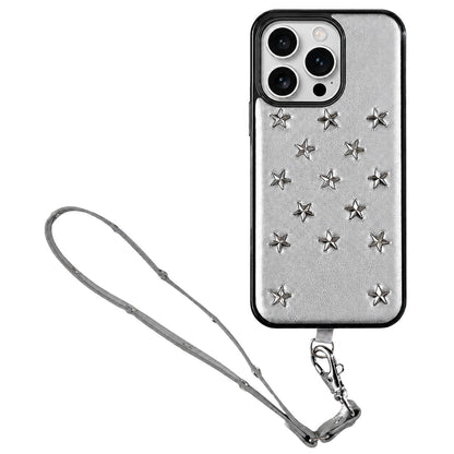 For iPhone 14 Pro Max Rivet Stars Phone Case with Lanyard - Silver - EDA009825701A