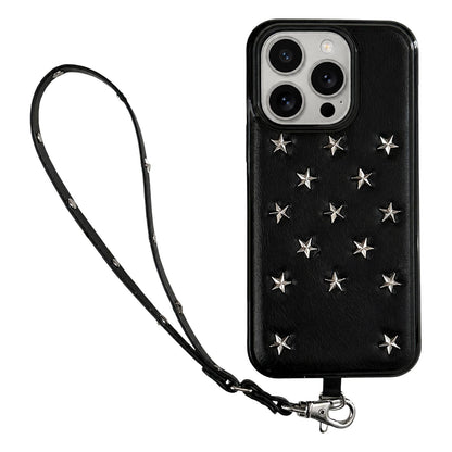 For iPhone 14 Pro Max Rivet Stars Phone Case with Lanyard - Black - EDA009825701B