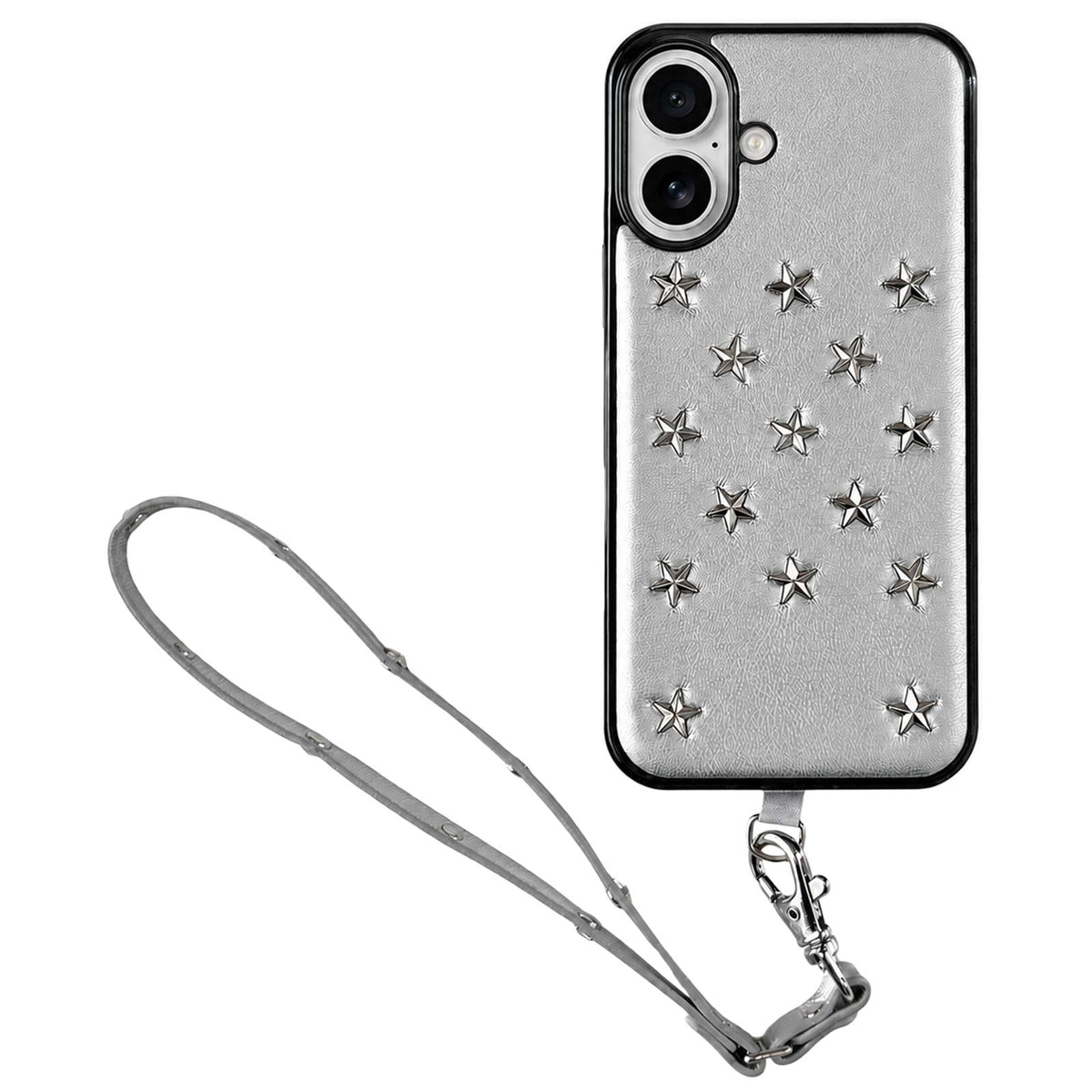 For iPhone 16 Rivet Stars Phone Case with Lanyard - Silver - EDA009825703A