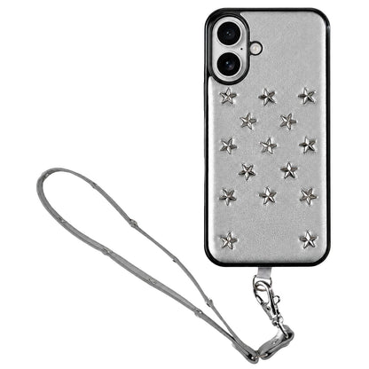 For iPhone 16 Rivet Stars Phone Case with Lanyard - Silver - EDA009825703A