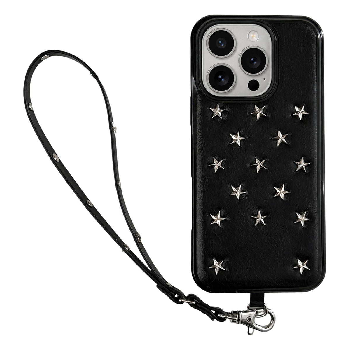 For iPhone 16 Pro Rivet Stars Phone Case with Lanyard - Black - EDA009825704B
