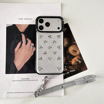 For iPhone 16 Pro Max Rivet Stars Phone Case with Lanyard - Silver - EDA009825705A