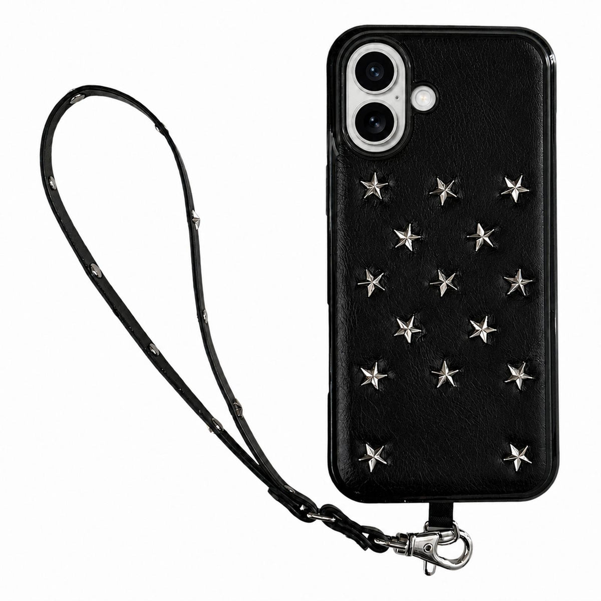 For iPhone 17 Rivet Stars Phone Case with Lanyard - Black - EDA009825706B